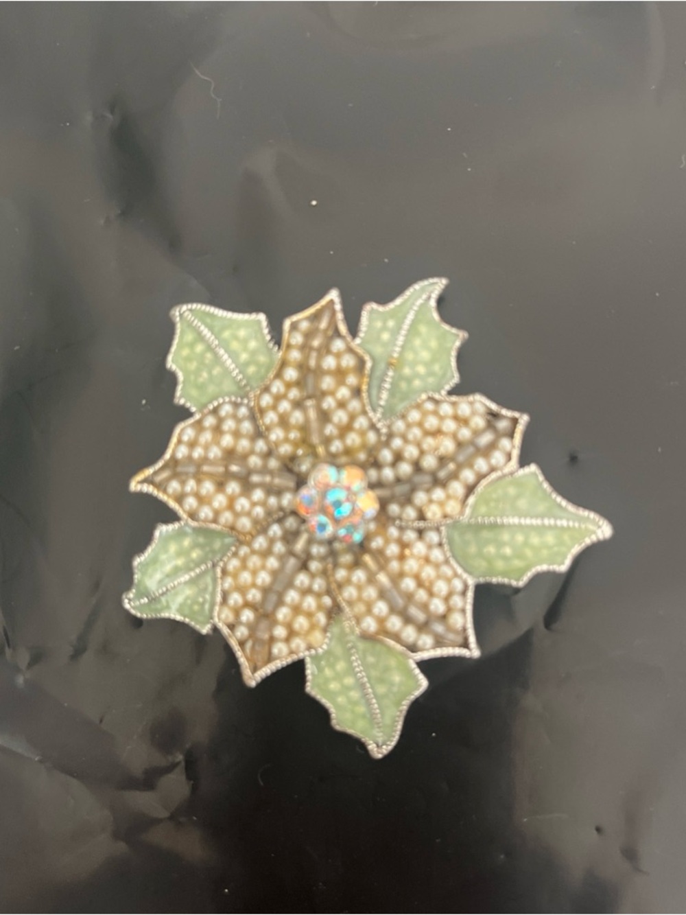 Liz Claiborne LC Signed Gold  Green Poinsettia Brooch Pin Rhinestone SilverTone